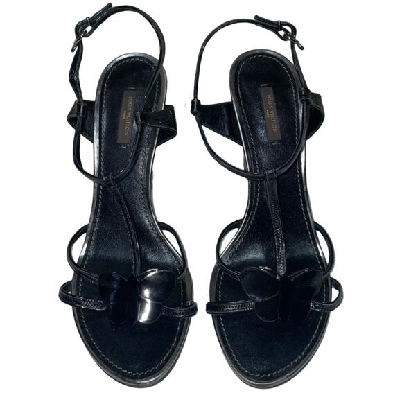 Louis Vuitton Black Croc Embossed Leather Butterfly Wedge Sandals   Size: EU 40 - Picture 2 of 11